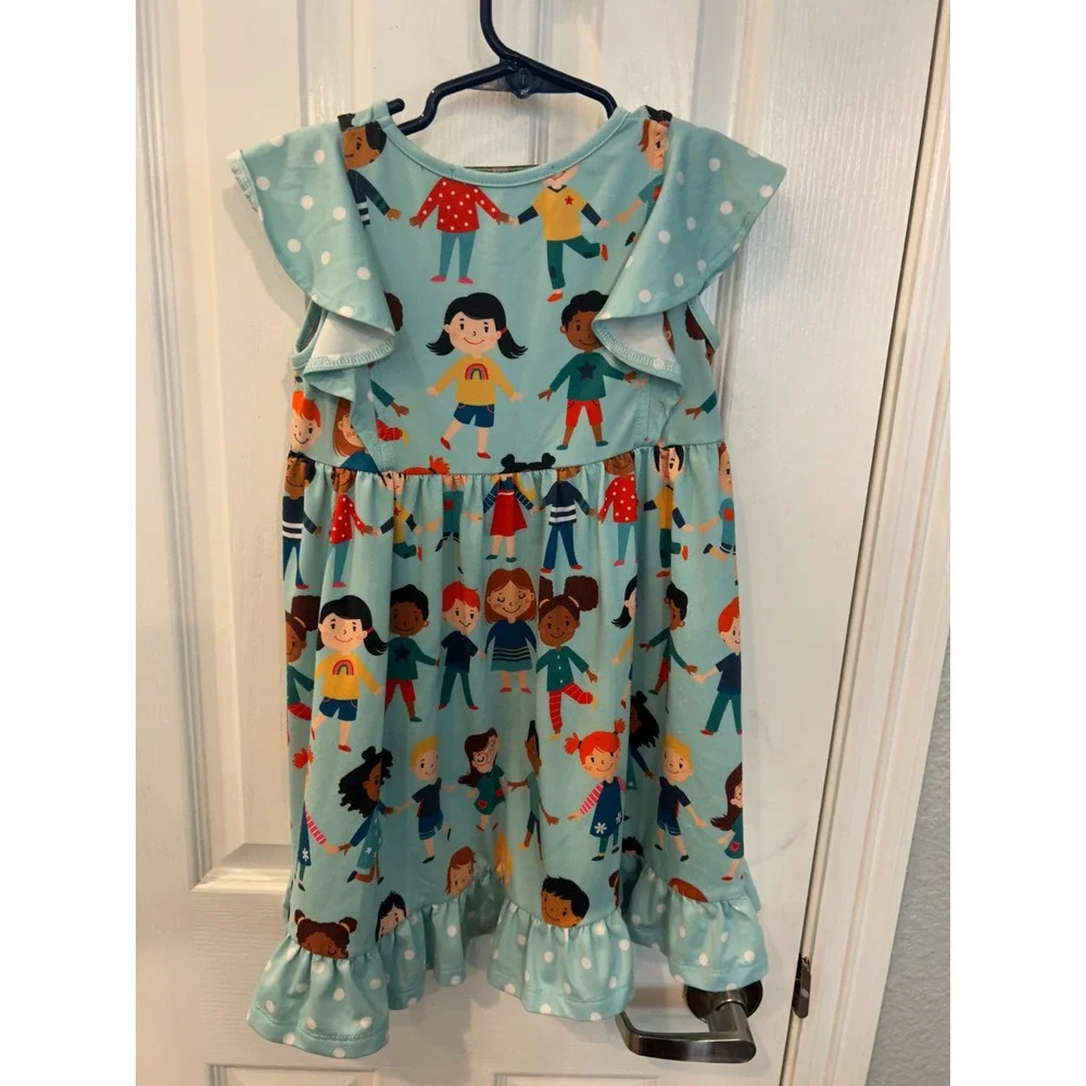 Millie Loves Lily Dress Blue‎ Kids Holding Hands Ruffle Flutter Sleeve Size 5